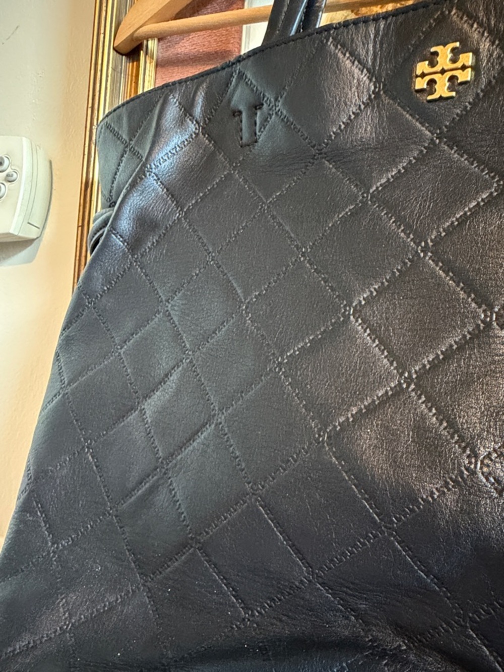 Tory Burch Quilted Black Leather Tote with Gold Logo - Picture 2 of 11
